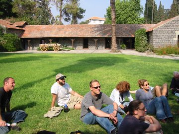 Learning about the history of Kibbutz Degania Alef -- Matt, Ben, Dave, Ari, Erica