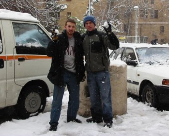 Ross Wolman and Dan Septimus enjoy the snow in The Old City